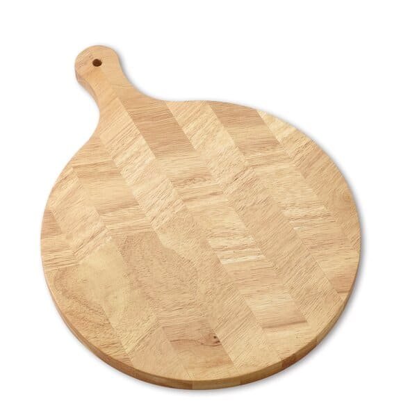 Round wooden board with a light wood herringbone pattern