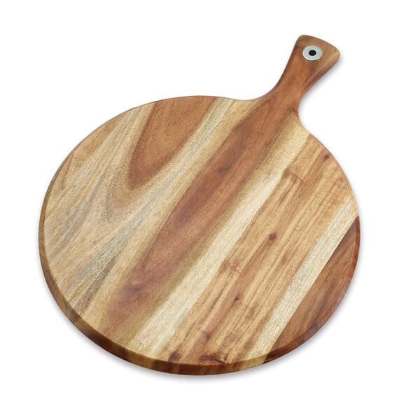 Circular wooden board with a short handle and metal accent