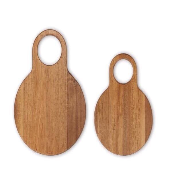 Set of two round wooden boards with large holes for hanging