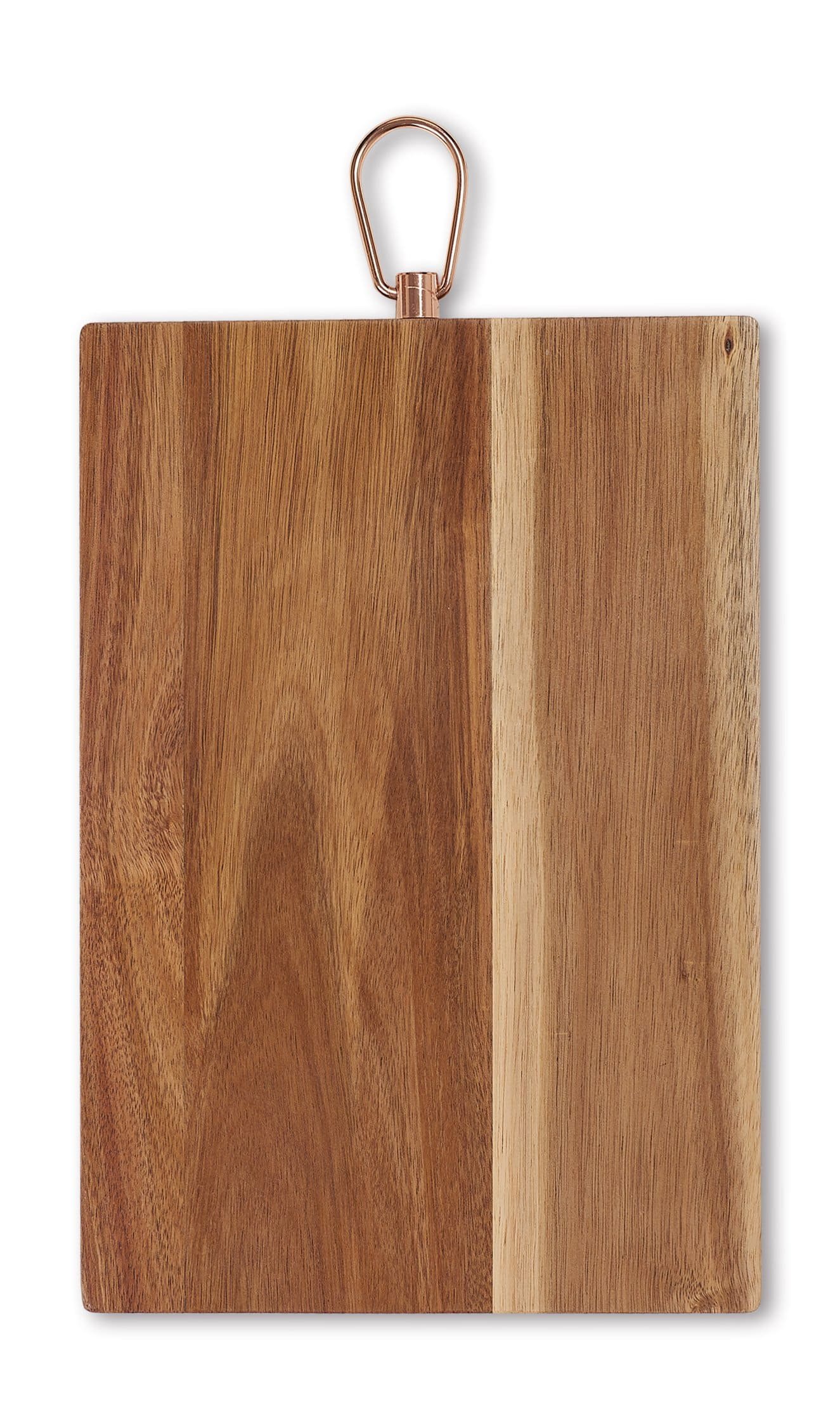 Rectangular wooden board with copper loop for hanging, polished surface