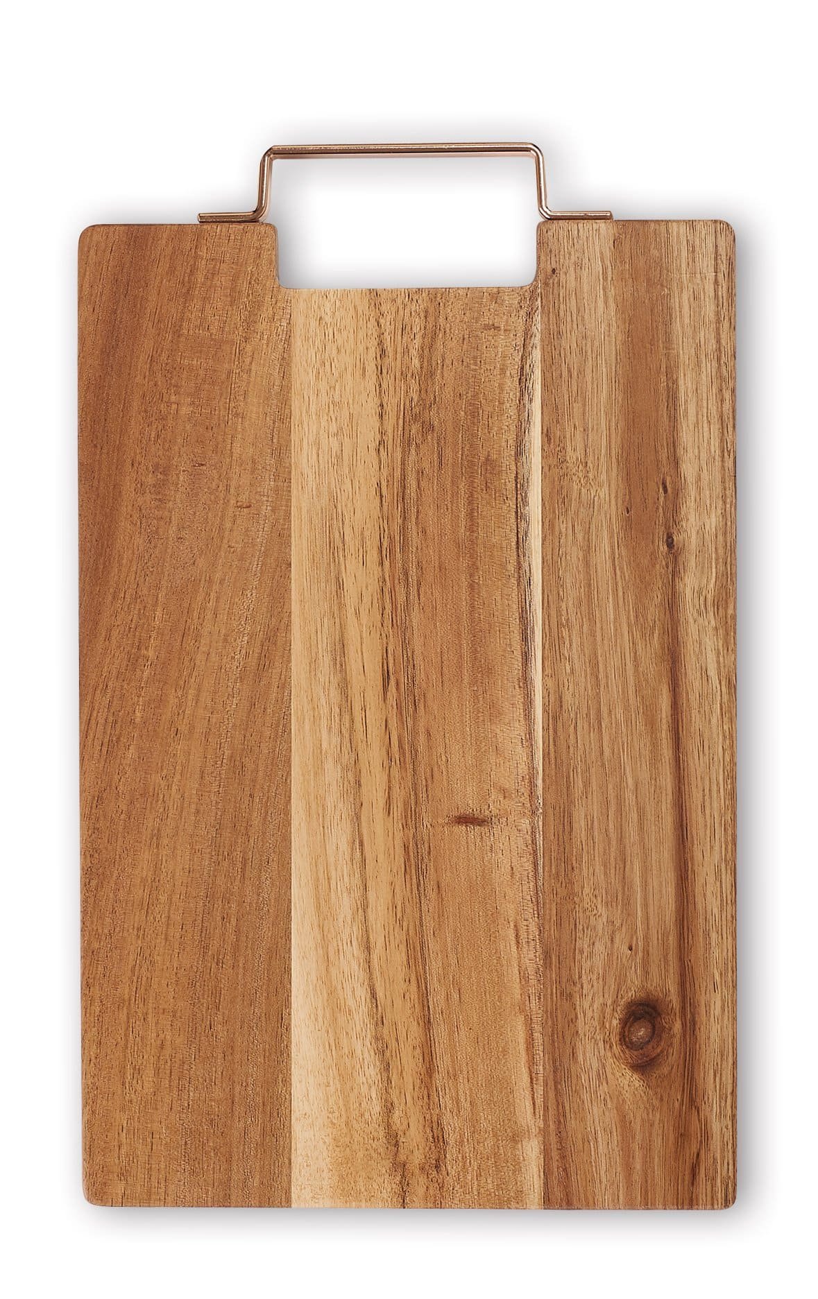 Rectangular wooden board with a metal handle, natural wood grain