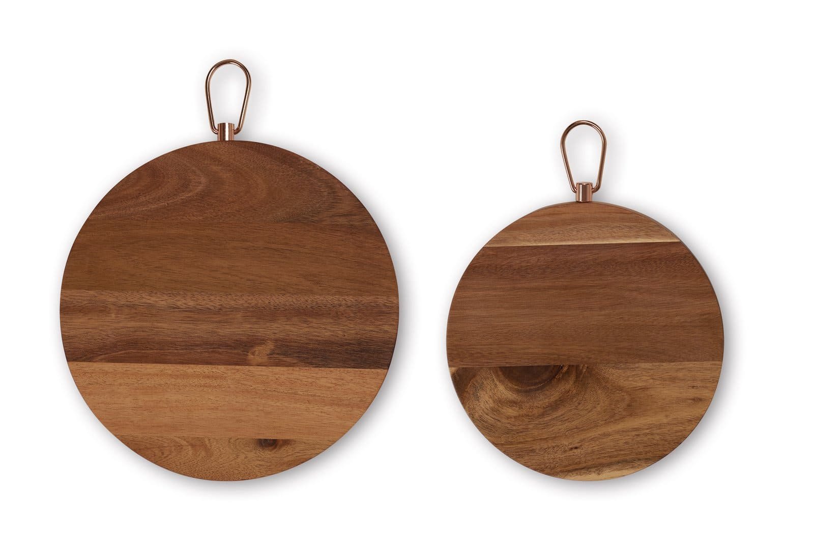 Two round wooden boards with metal loops for hanging