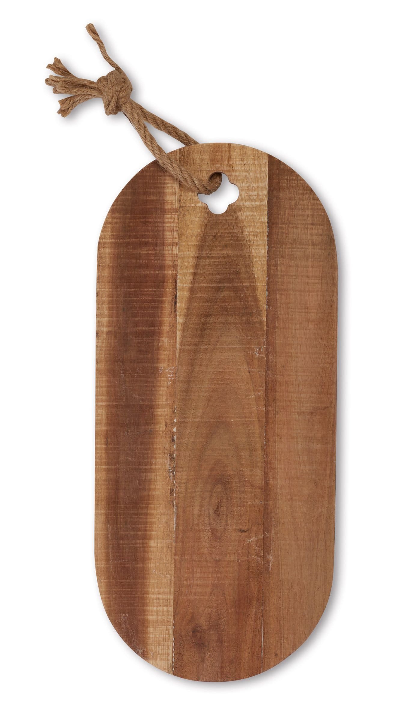 Wooden chopping board with a jute handle, oval-shaped