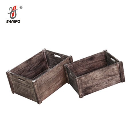 Dark brown rustic wooden crates, sturdy and perfect for vintage-style organization.