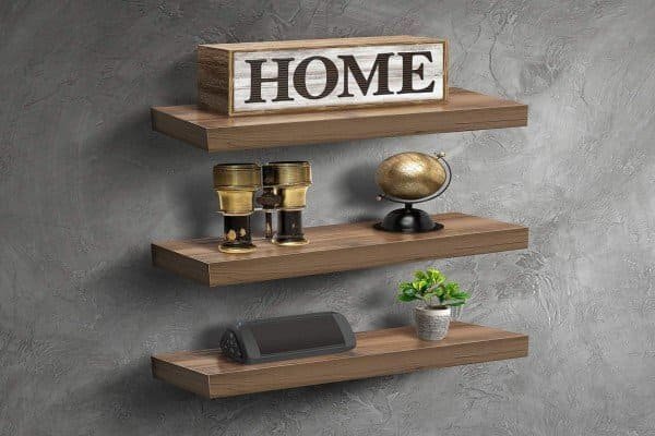 Floating wooden wall shelves, set of three