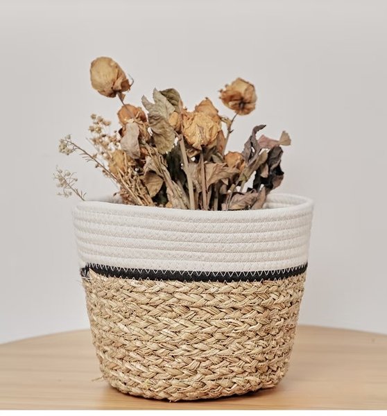 Woven cotton rope and seagrass storage basket