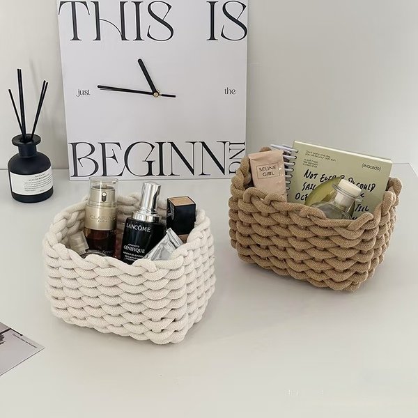 Cotton rope basket for skincare storage in bedroom