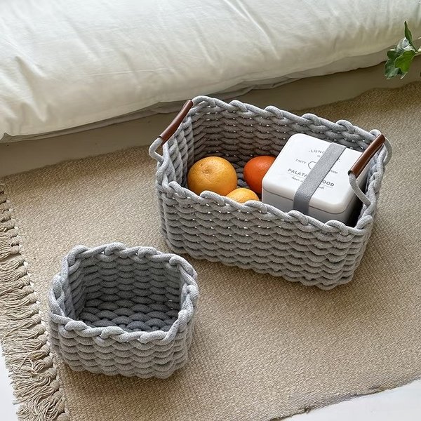 Gray cotton rope basket storage with fruits and box